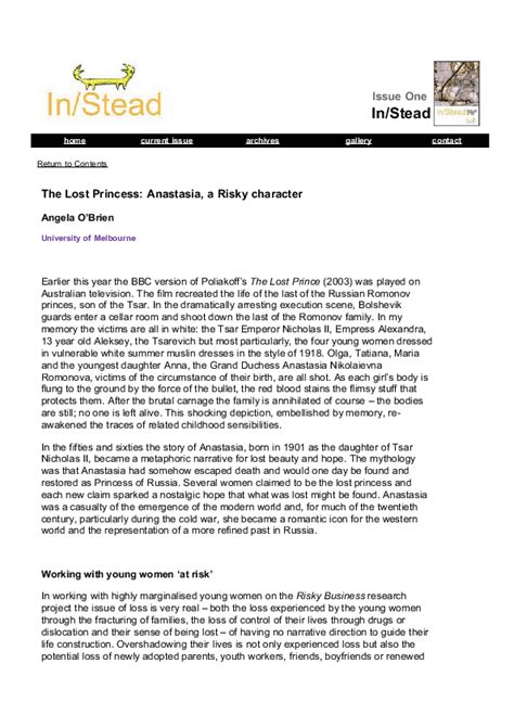 The Lost Princess: Anastasia, a Risky character .